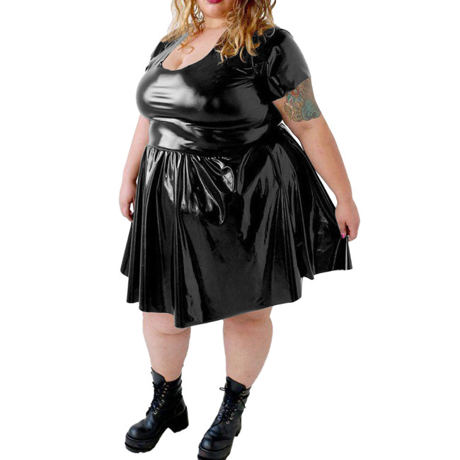 Plus Size PVC Shiny Mini Dress for Womens Sexy U-neck Wetlook Solid Short Sleeve A-line Dress Female Party Swing Pleated Dress