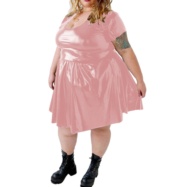 Plus Size PVC Shiny Mini Dress for Womens Sexy U-neck Wetlook Solid Short Sleeve A-line Dress Female Party Swing Pleated Dress