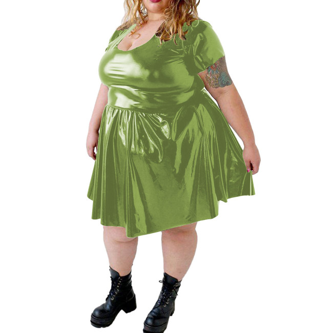 Plus Size PVC Shiny Mini Dress for Womens Sexy U-neck Wetlook Solid Short Sleeve A-line Dress Female Party Swing Pleated Dress
