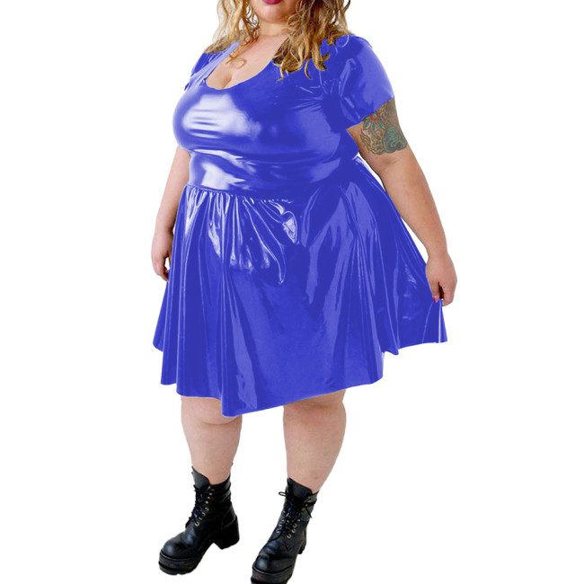 Plus Size PVC Shiny Mini Dress for Womens Sexy U-neck Wetlook Solid Short Sleeve A-line Dress Female Party Swing Pleated Dress