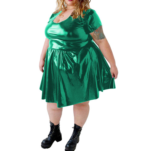 Plus Size PVC Shiny Mini Dress for Womens Sexy U-neck Wetlook Solid Short Sleeve A-line Dress Female Party Swing Pleated Dress