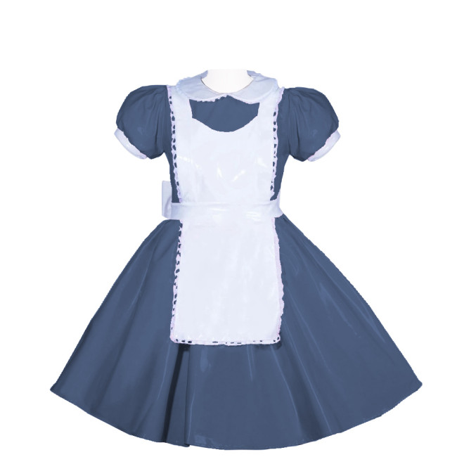 French Peter Pan Collar Lockable Maid Uniforms PVC Shiny Short Puff Sleeve Maid A-line Dress with Apron Sissy Cosplay Outfits