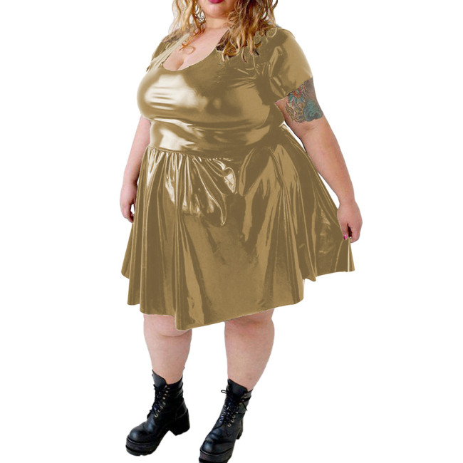 Plus Size PVC Shiny Mini Dress for Womens Sexy U-neck Wetlook Solid Short Sleeve A-line Dress Female Party Swing Pleated Dress