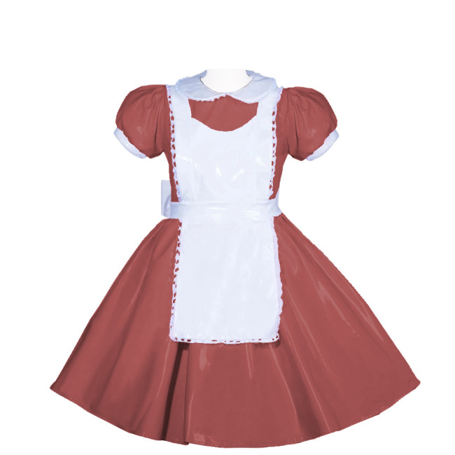 French Peter Pan Collar Lockable Maid Uniforms PVC Shiny Short Puff Sleeve Maid A-line Dress with Apron Sissy Cosplay Outfits