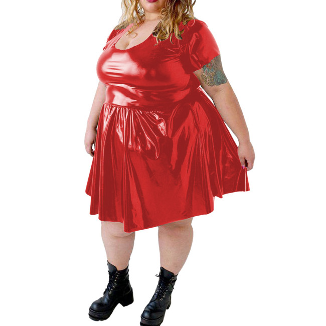 Plus Size PVC Shiny Mini Dress for Womens Sexy U-neck Wetlook Solid Short Sleeve A-line Dress Female Party Swing Pleated Dress