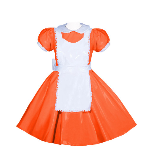 French Peter Pan Collar Lockable Maid Uniforms PVC Shiny Short Puff Sleeve Maid A-line Dress with Apron Sissy Cosplay Outfits