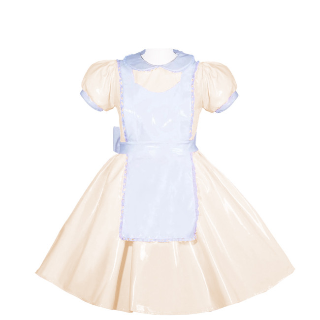 French Peter Pan Collar Lockable Maid Uniforms PVC Shiny Short Puff Sleeve Maid A-line Dress with Apron Sissy Cosplay Outfits