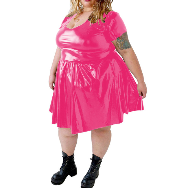 Plus Size PVC Shiny Mini Dress for Womens Sexy U-neck Wetlook Solid Short Sleeve A-line Dress Female Party Swing Pleated Dress