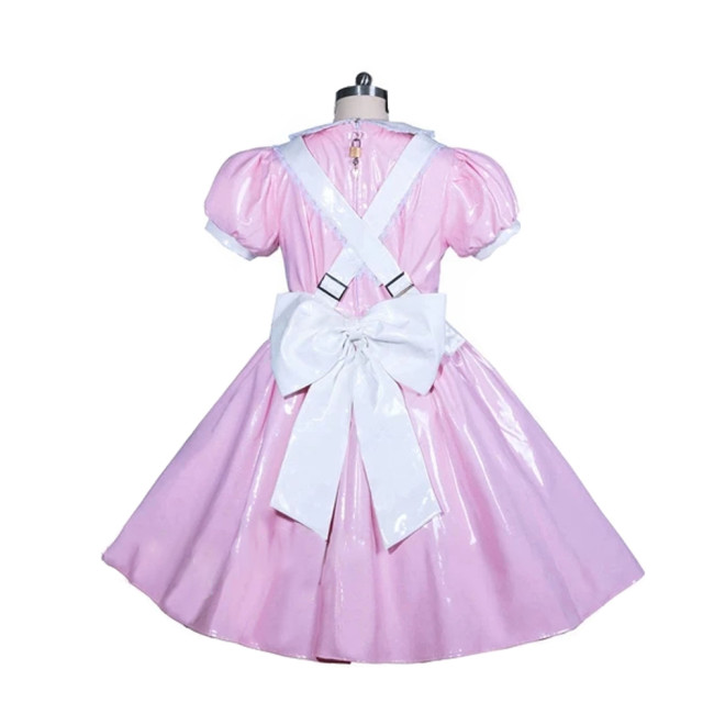 French Peter Pan Collar Lockable Maid Uniforms PVC Shiny Short Puff Sleeve Maid A-line Dress with Apron Sissy Cosplay Outfits