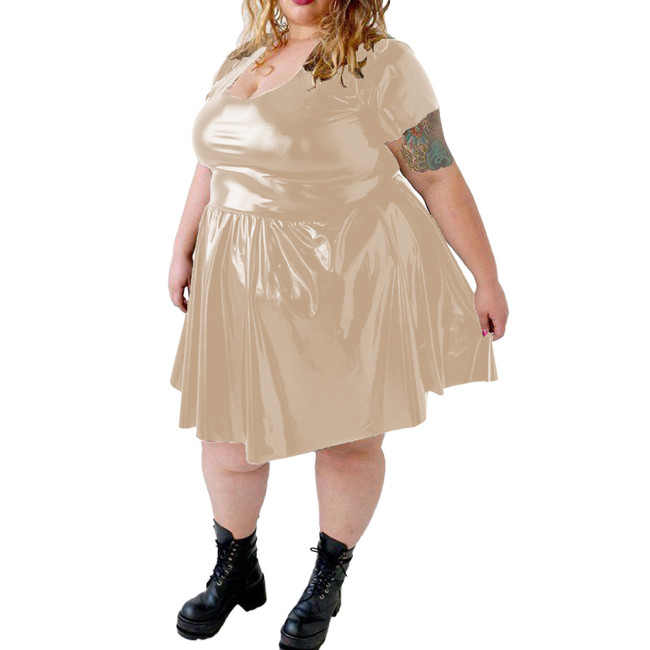 Plus Size PVC Shiny Mini Dress for Womens Sexy U-neck Wetlook Solid Short Sleeve A-line Dress Female Party Swing Pleated Dress