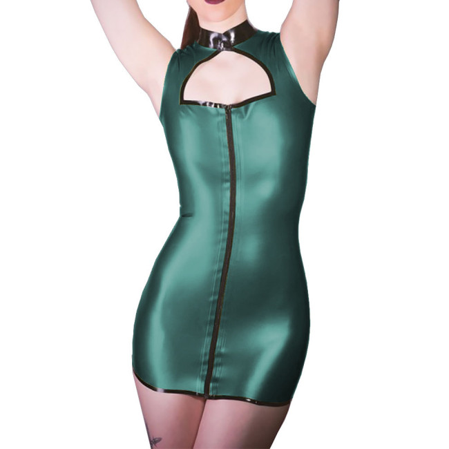 Womens Sexy PVC Leather Mini Bodycon Dress Mock Neck Lace-up Back Hollow Out Tight Dress Wetlook Sleeveless Tight Dress Clubwear