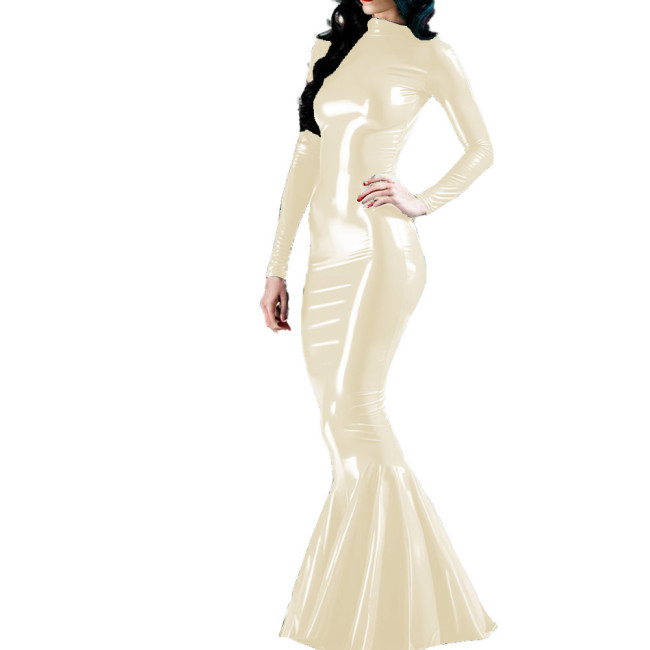 Long Sleeve Wet PVC Leather Slim Long Mermaid Dress Glossy Cocktail Party Maxi Dress for Women Nightclub Female Bodycon Dress