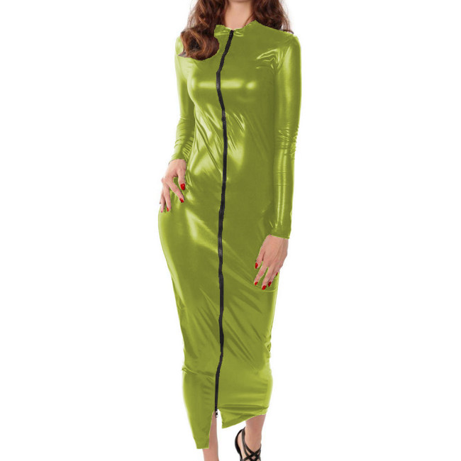 Female Skinny Sexy Shiny Metallic Zipper Straight Over Knee Length Dress Long Sleeves Vinyl Metallic Elegant Ball Party Dress