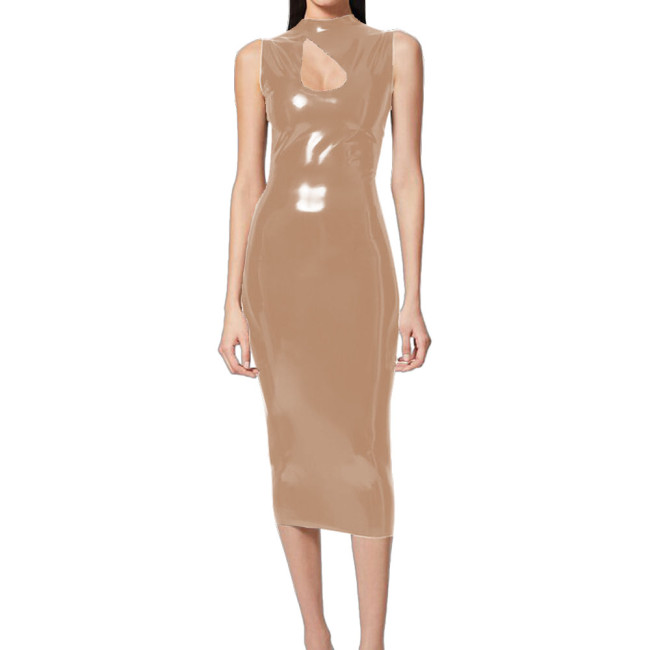 Elegant Lady Midi Bodycon Prom Dress Vinyl PVC Leather Sleeveless Keyhole Cutout Slim Dress Wetlook Skinny Tank Dress Clubwear