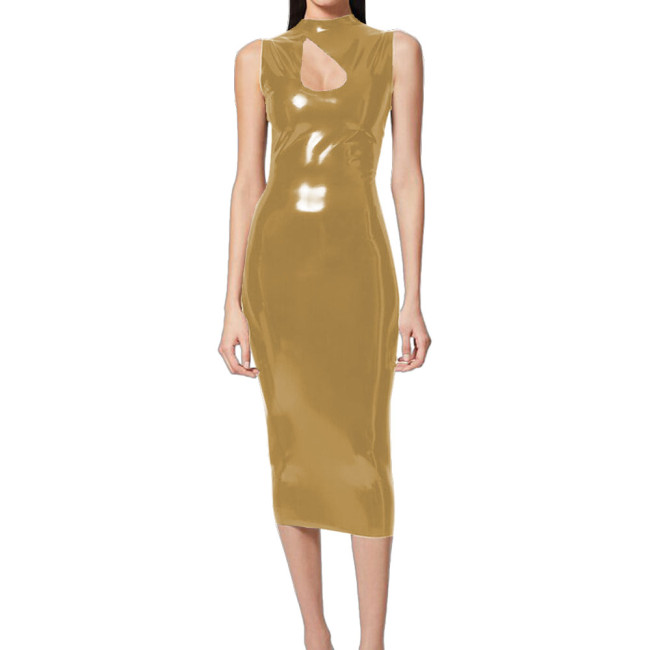 Elegant Lady Midi Bodycon Prom Dress Vinyl PVC Leather Sleeveless Keyhole Cutout Slim Dress Wetlook Skinny Tank Dress Clubwear