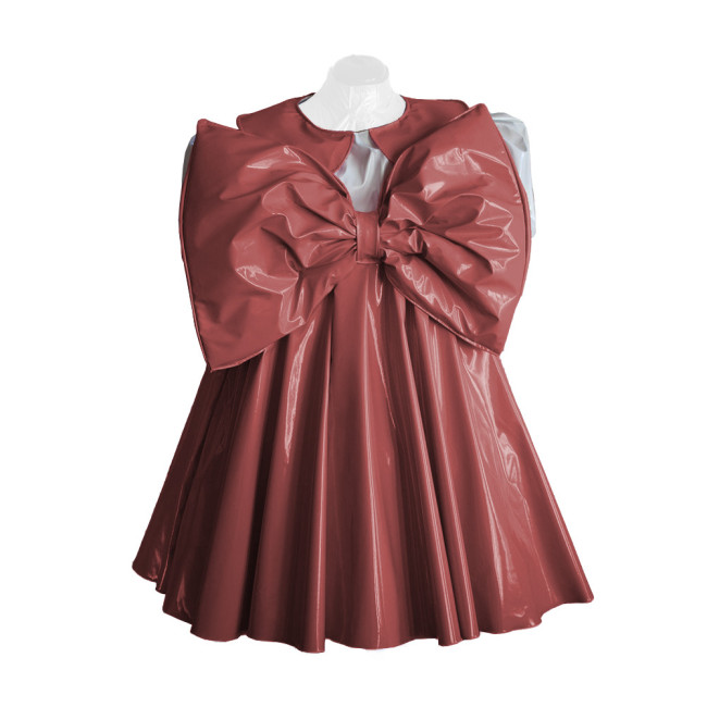 Adult Lolita Dress Party Short Sleeve A-line Big Bownot Princess Dresses Shiny PVC Leather Peter Pan Collar Pleated Mini Dress