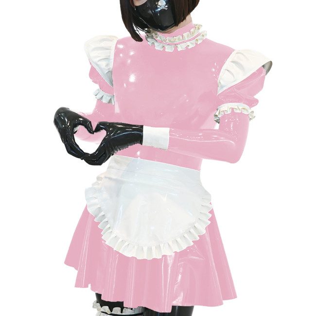 Unisex Ruffles Apron Maid Dress Long Puff Sleeves Wetlook PVC Leather Sexy A Line Pleated Dress Party Nightclub Cosplay Dress