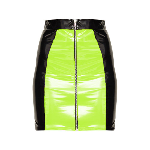 Fashion High Street Mini Skirt Sexy Vinyl PVC Leather Patchwork Short Pencil Skirts Womens High Waist Full Zipper Bodycon Skirts