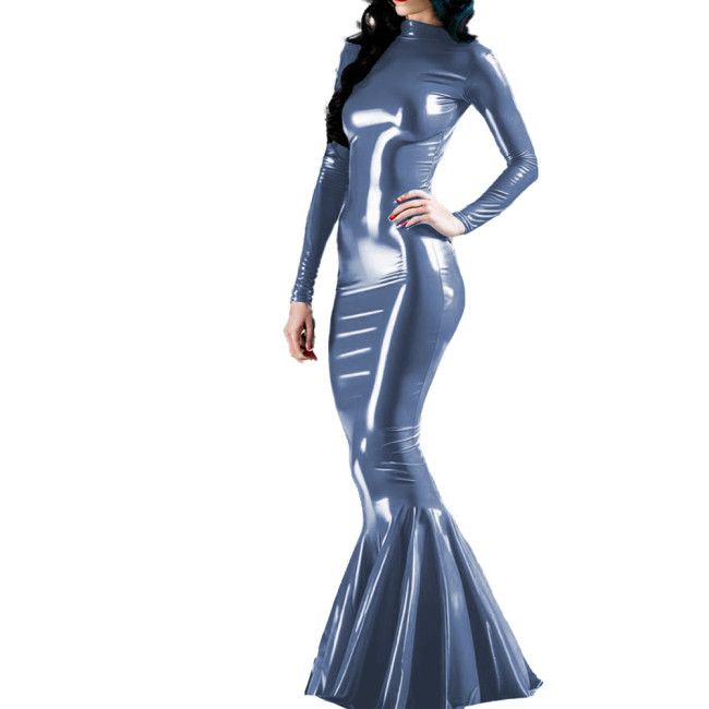 Long Sleeve Wet PVC Leather Slim Long Mermaid Dress Glossy Cocktail Party Maxi Dress for Women Nightclub Female Bodycon Dress