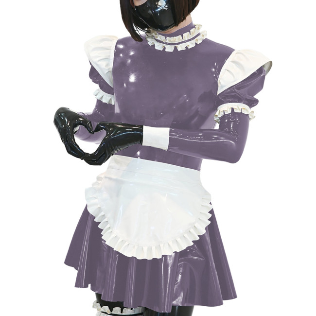 Unisex Ruffles Apron Maid Dress Long Puff Sleeves Wetlook PVC Leather Sexy A Line Pleated Dress Party Nightclub Cosplay Dress