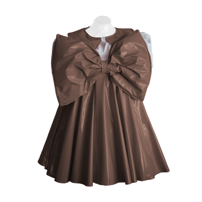 Adult Lolita Dress Party Short Sleeve A-line Big Bownot Princess Dresses Shiny PVC Leather Peter Pan Collar Pleated Mini Dress