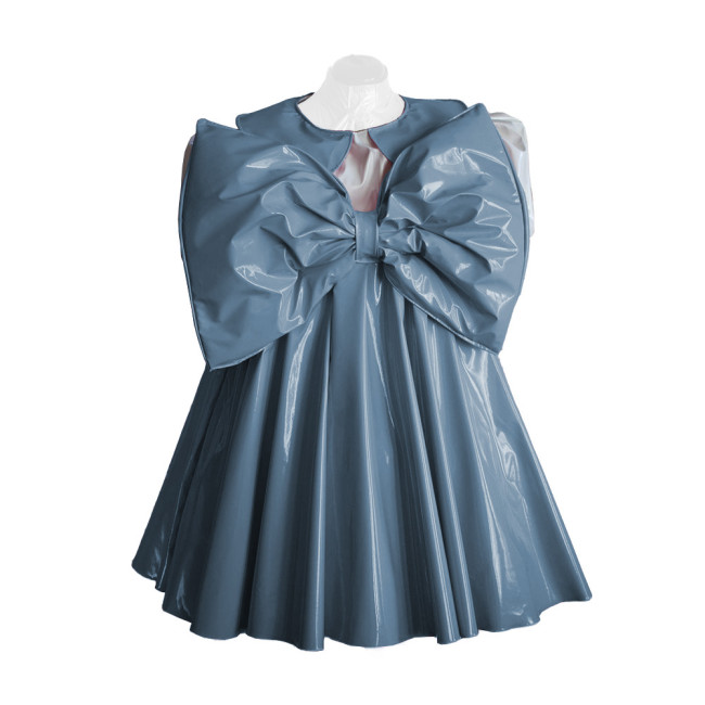 Adult Lolita Dress Party Short Sleeve A-line Big Bownot Princess Dresses Shiny PVC Leather Peter Pan Collar Pleated Mini Dress