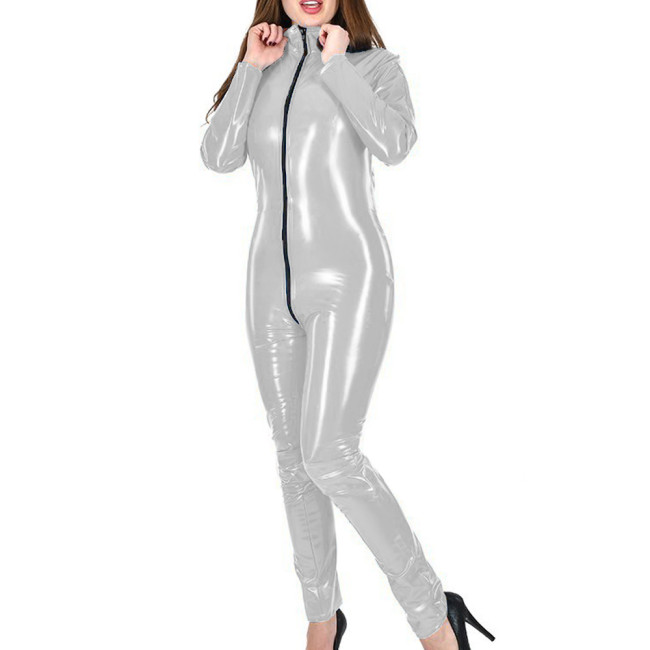 2024 Novelty Lady Jumpsuit Zipper Solid Spandex PVC Leather Long Sleeves Casual Slim Trendy Fashionable Club Aesthetic