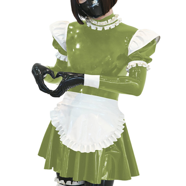 Unisex Ruffles Apron Maid Dress Long Puff Sleeves Wetlook PVC Leather Sexy A Line Pleated Dress Party Nightclub Cosplay Dress