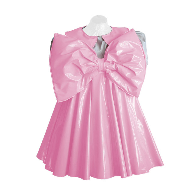 Adult Lolita Dress Party Short Sleeve A-line Big Bownot Princess Dresses Shiny PVC Leather Peter Pan Collar Pleated Mini Dress