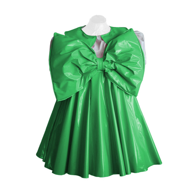 Adult Lolita Dress Party Short Sleeve A-line Big Bownot Princess Dresses Shiny PVC Leather Peter Pan Collar Pleated Mini Dress