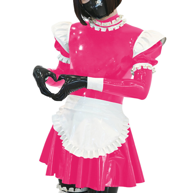 Unisex Ruffles Apron Maid Dress Long Puff Sleeves Wetlook PVC Leather Sexy A Line Pleated Dress Party Nightclub Cosplay Dress