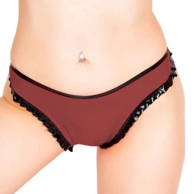 Sexy Glossy Faux Leather Panties with Black Frills Womens Wetlook PVC Underwears Exotic Low Rise Briefs Underpants Boxer Shorts
