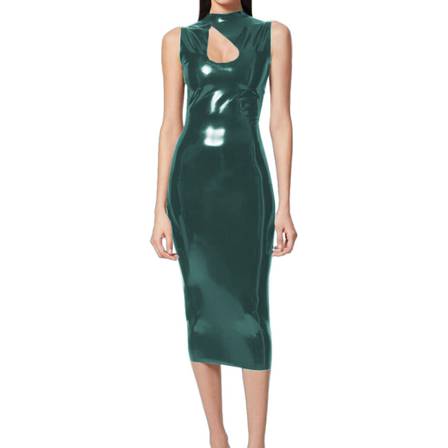 Elegant Lady Midi Bodycon Prom Dress Vinyl PVC Leather Sleeveless Keyhole Cutout Slim Dress Wetlook Skinny Tank Dress Clubwear