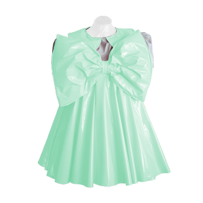 Adult Lolita Dress Party Short Sleeve A-line Big Bownot Princess Dresses Shiny PVC Leather Peter Pan Collar Pleated Mini Dress