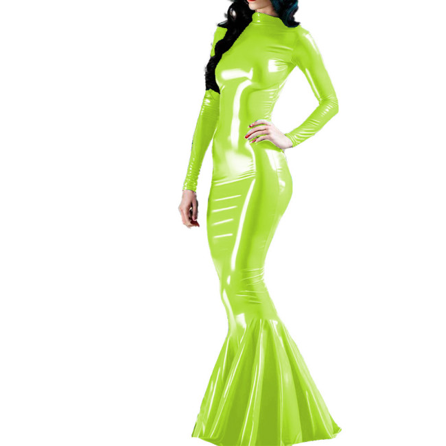 Long Sleeve Wet PVC Leather Slim Long Mermaid Dress Glossy Cocktail Party Maxi Dress for Women Nightclub Female Bodycon Dress