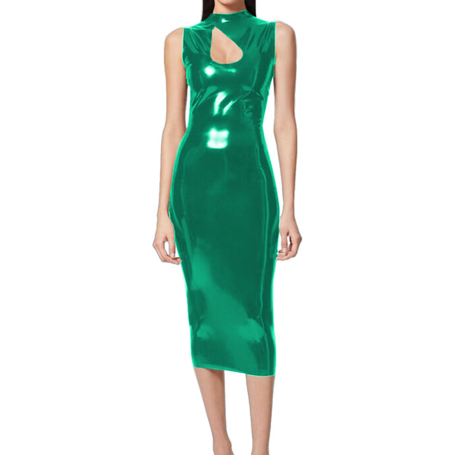 Elegant Lady Midi Bodycon Prom Dress Vinyl PVC Leather Sleeveless Keyhole Cutout Slim Dress Wetlook Skinny Tank Dress Clubwear