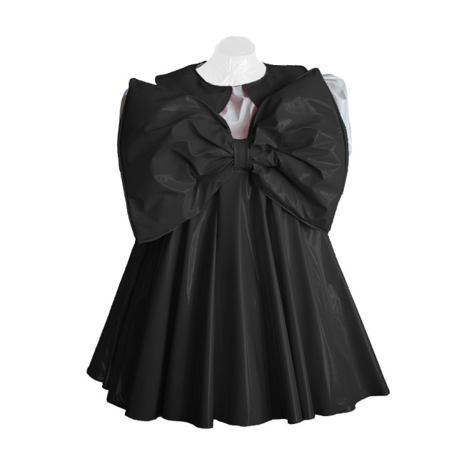 Adult Lolita Dress Party Short Sleeve A-line Big Bownot Princess Dresses Shiny PVC Leather Peter Pan Collar Pleated Mini Dress