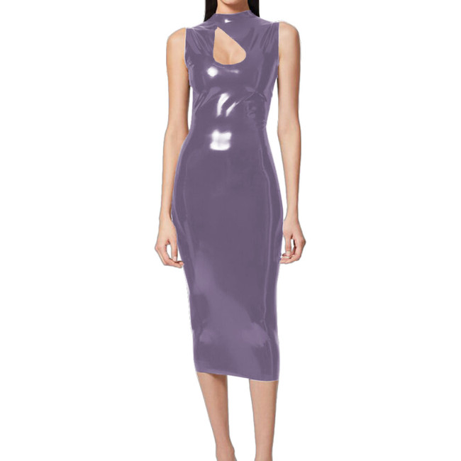 Elegant Lady Midi Bodycon Prom Dress Vinyl PVC Leather Sleeveless Keyhole Cutout Slim Dress Wetlook Skinny Tank Dress Clubwear