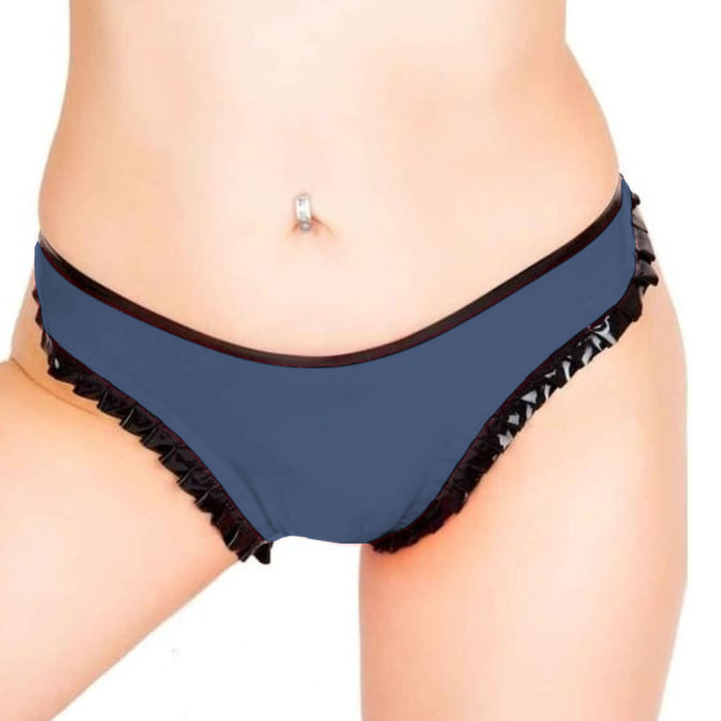 Sexy Glossy Faux Leather Panties with Black Frills Womens Wetlook PVC Underwears Exotic Low Rise Briefs Underpants Boxer Shorts