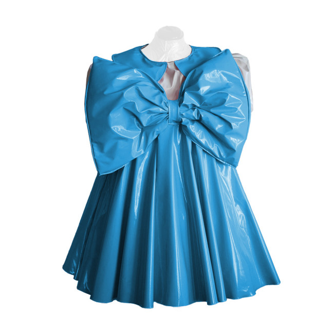 Adult Lolita Dress Party Short Sleeve A-line Big Bownot Princess Dresses Shiny PVC Leather Peter Pan Collar Pleated Mini Dress
