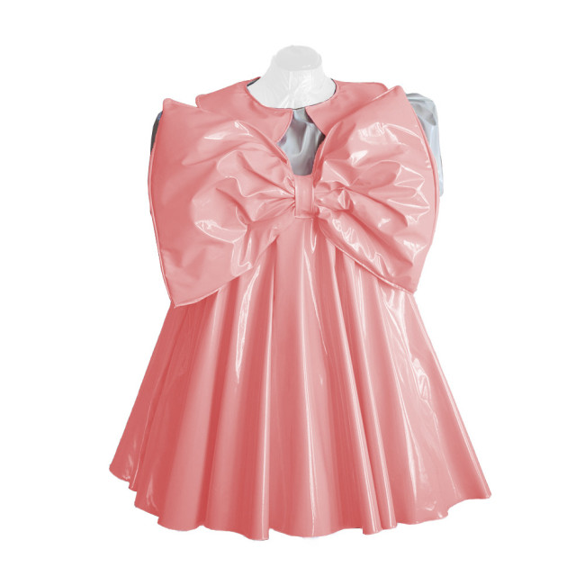 Adult Lolita Dress Party Short Sleeve A-line Big Bownot Princess Dresses Shiny PVC Leather Peter Pan Collar Pleated Mini Dress