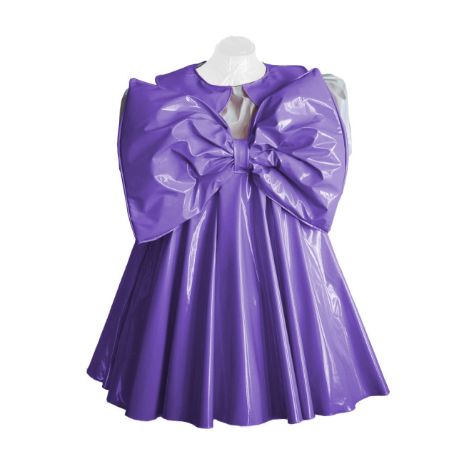 Adult Lolita Dress Party Short Sleeve A-line Big Bownot Princess Dresses Shiny PVC Leather Peter Pan Collar Pleated Mini Dress