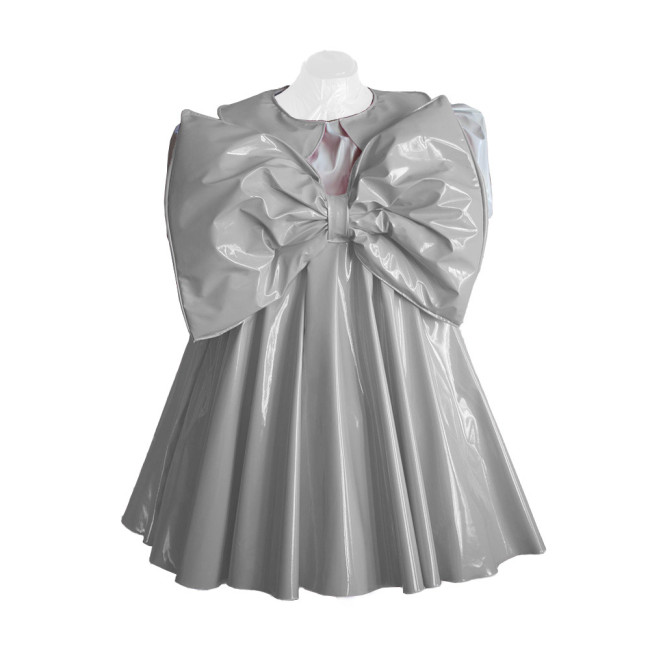 Adult Lolita Dress Party Short Sleeve A-line Big Bownot Princess Dresses Shiny PVC Leather Peter Pan Collar Pleated Mini Dress