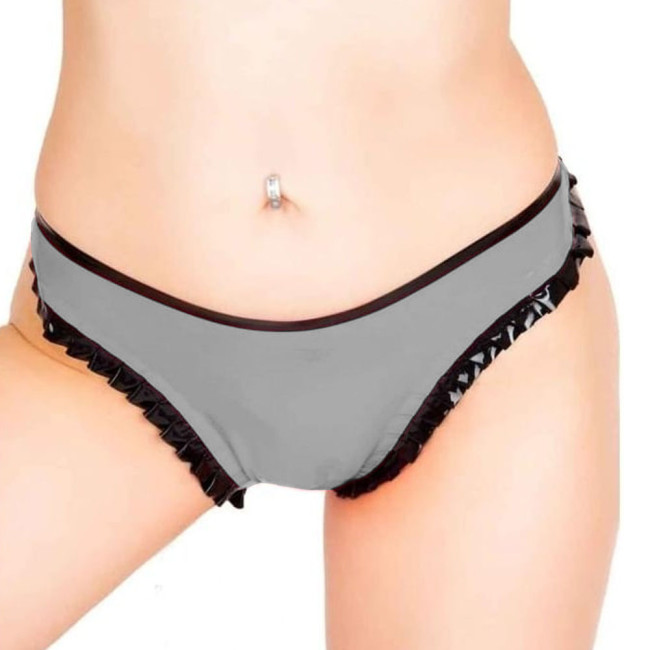 Sexy Glossy Faux Leather Panties with Black Frills Womens Wetlook PVC Underwears Exotic Low Rise Briefs Underpants Boxer Shorts