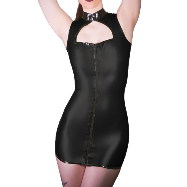 Womens Sexy PVC Leather Mini Bodycon Dress Mock Neck Lace-up Back Hollow Out Tight Dress Wetlook Sleeveless Tight Dress Clubwear