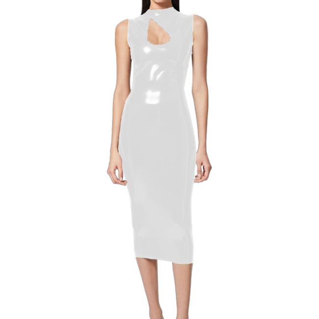 Elegant Lady Midi Bodycon Prom Dress Vinyl PVC Leather Sleeveless Keyhole Cutout Slim Dress Wetlook Skinny Tank Dress Clubwear