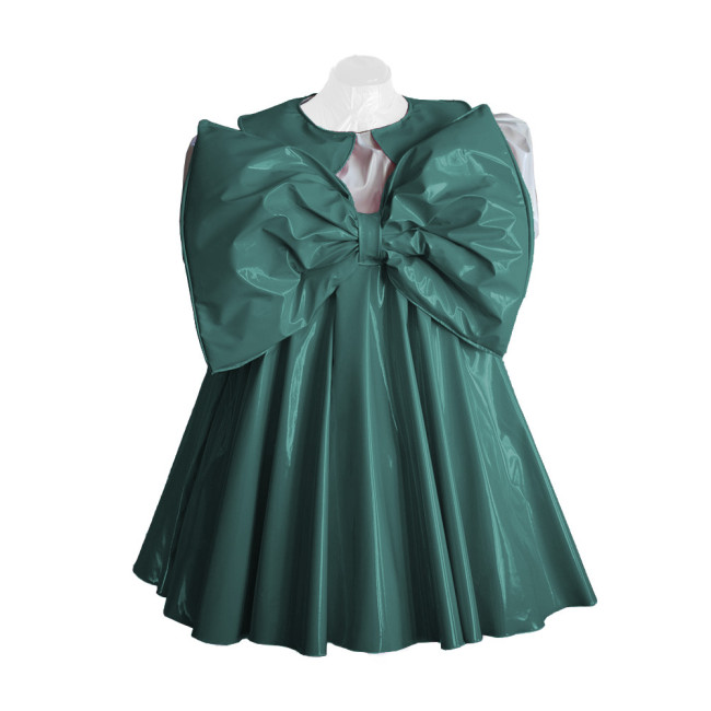 Adult Lolita Dress Party Short Sleeve A-line Big Bownot Princess Dresses Shiny PVC Leather Peter Pan Collar Pleated Mini Dress