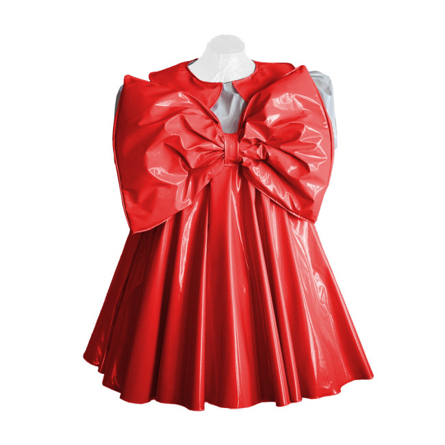Adult Lolita Dress Party Short Sleeve A-line Big Bownot Princess Dresses Shiny PVC Leather Peter Pan Collar Pleated Mini Dress