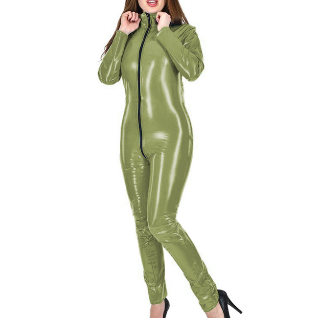 2024 Novelty Lady Jumpsuit Zipper Solid Spandex PVC Leather Long Sleeves Casual Slim Trendy Fashionable Club Aesthetic
