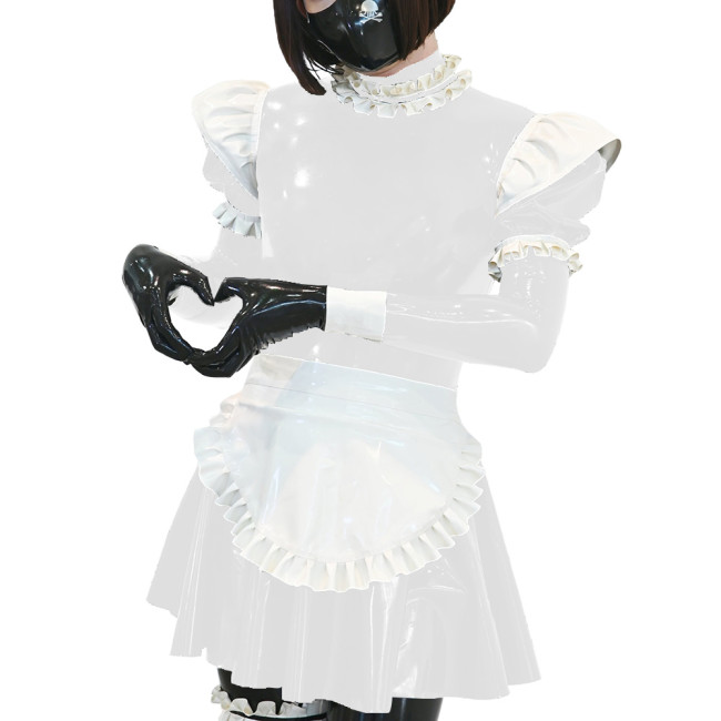 Unisex Ruffles Apron Maid Dress Long Puff Sleeves Wetlook PVC Leather Sexy A Line Pleated Dress Party Nightclub Cosplay Dress